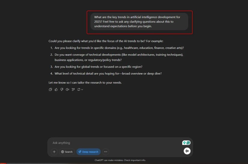 ChatGPT&rsquo;s Deep Research feature with a prompt being highlighted on the screen, provided by the AI asking some clarifying questions before beginning the research.