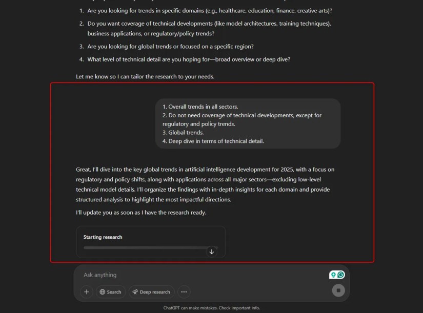 ChatGPT&rsquo;s web interface beginning research for Deep Research mode.
