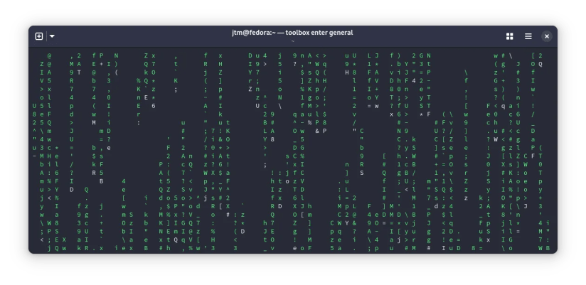Output from the cmatrix program in a Linux terminal.