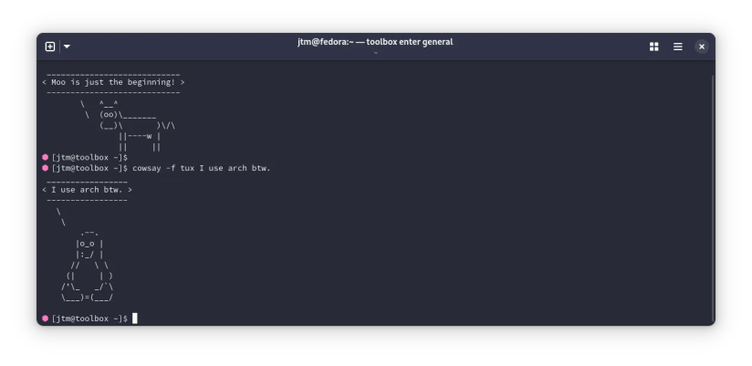 Output from the cowsay command in a Linux terminal