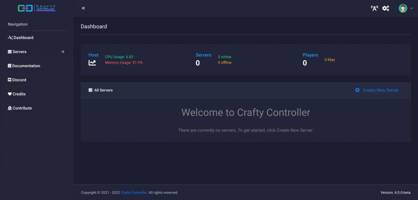 The dashboard for Crafty Controller 4, a Minecraft server manager.