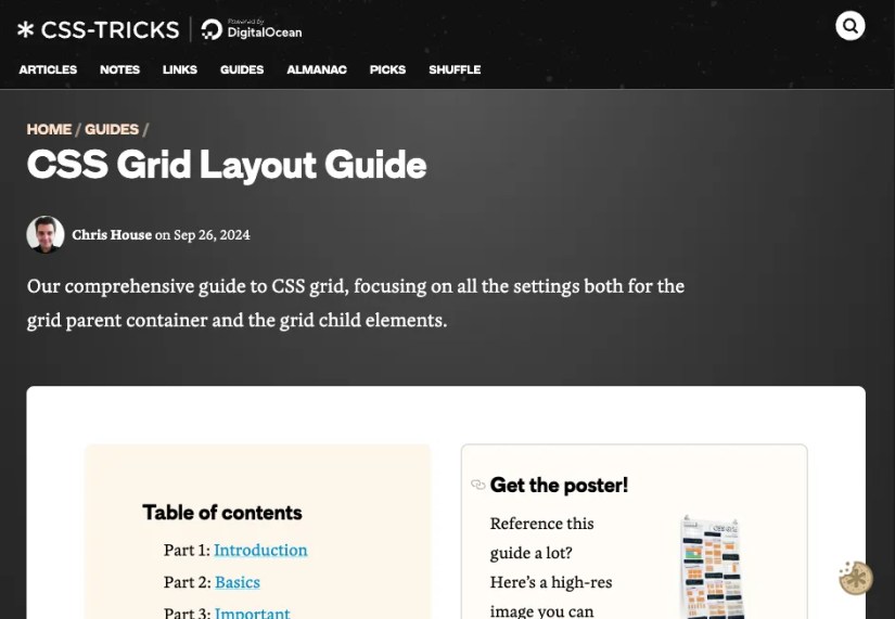 The CSS Grid Layout Guide is described as a comprehensive guide to CSS grid, focusing on all the settings both for the grid parent container and the grid child elements.