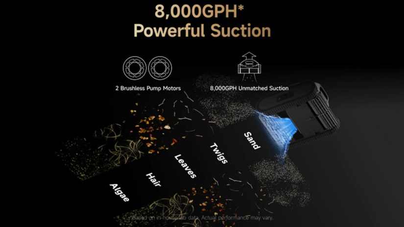A robotic pool sucks up debris on a black background