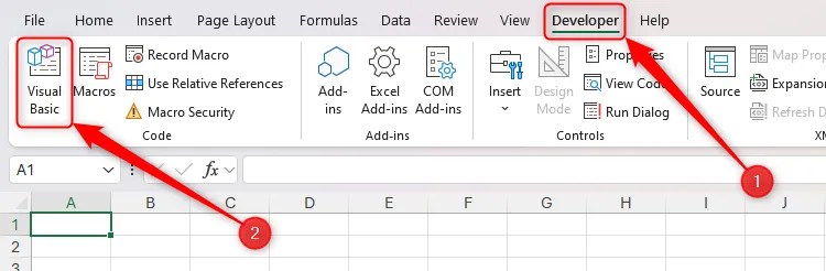 Excel&rsquo;s Visual Basic button in the Developer tab on the ribbon.