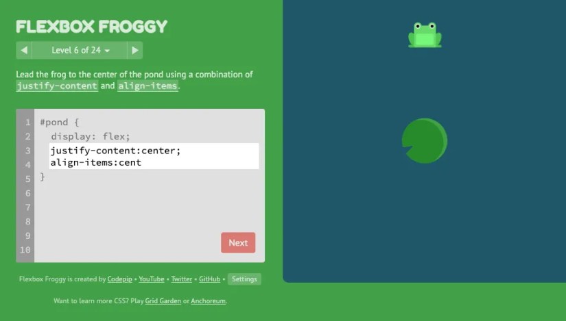 The Flexbox Froggy website has an editable code text box on the left and a blue pond containing a frog and a lily pad on the right.
