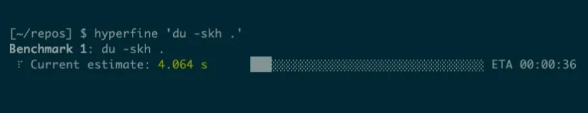 The hyperfine command running in a terminal, showing a progress bar and a current estimate of 4.064 seconds.