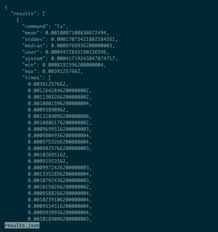 A JSON file representing results from Hyperfine, including an array of many individual timing results using floating point precision.