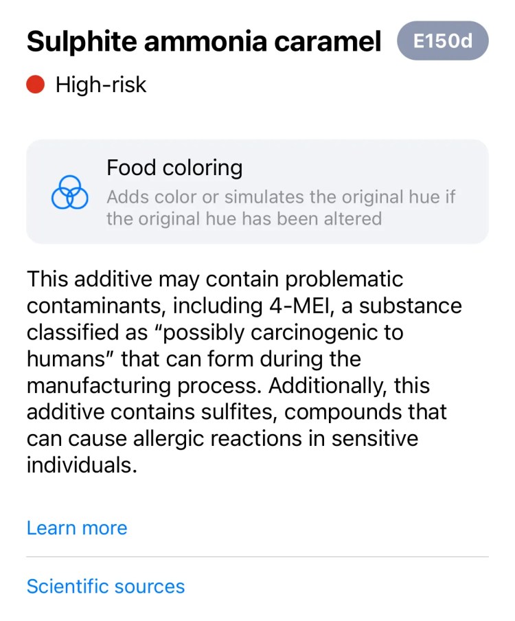 Information about a potentially harmful additive in the Yuka app.