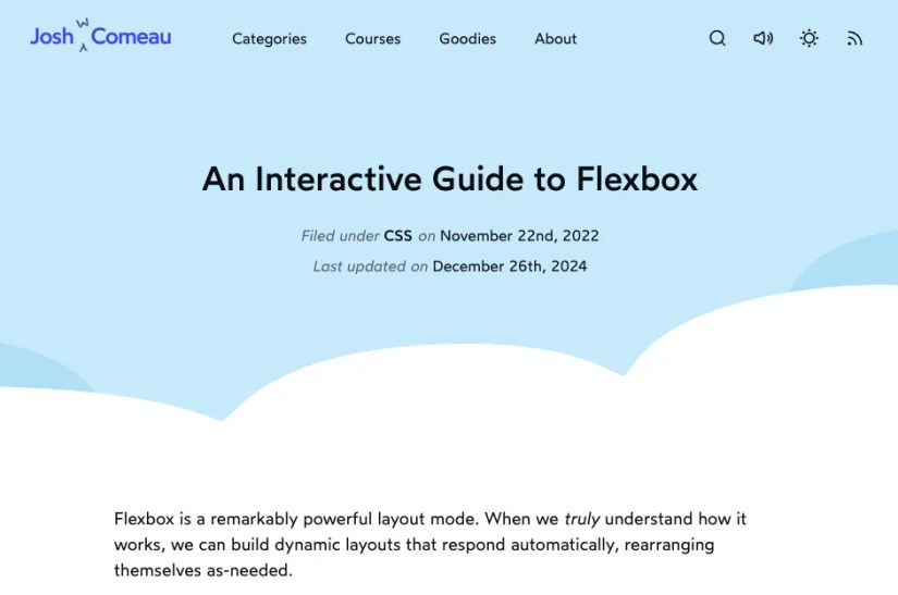 An Interactive Guide to Flexbox mentions that it was last updated in December 2024 and explains how flexbox is a powerful layout mode that lets us build dynamic layouts.
