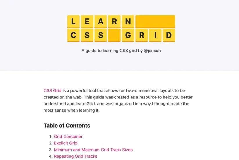 The Learn CSS Grid website with a short introduction and a table of contents listing sections including Grid Container and Explicit Grid.
