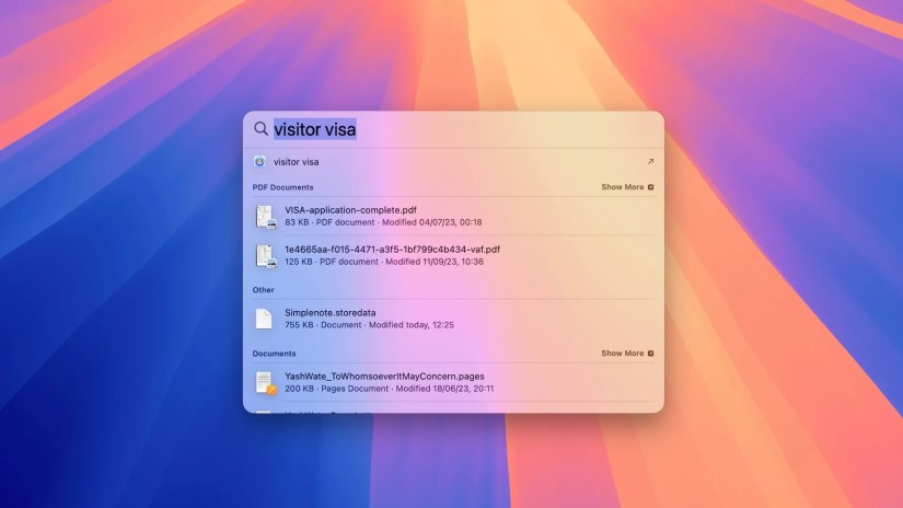 A Spotlght search window on the Mac desktop.