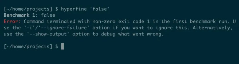 Hyperfine trying to benchmark the false command, reporting an error because it returns a non-zero exit code.