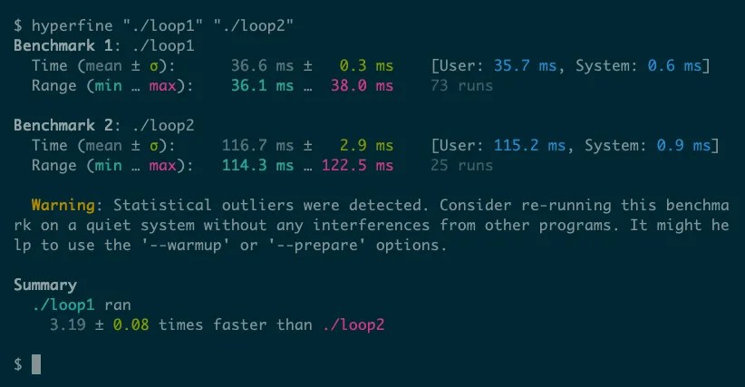 Hyperfine comparing two programs with data including ranges and deltas, and a warning about statistical outliers. It concludes that the first program runs approximately three times faster than the second.