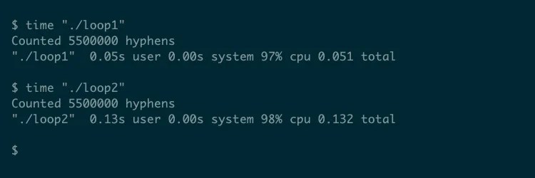 The linux time command running two commands, the second of which (loop2) runs 2-3 times longer.