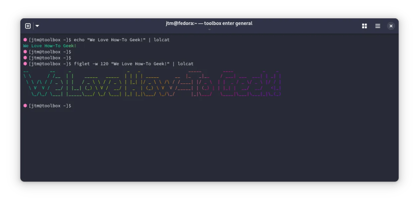 Output of lolcat command printing We Love How-To Geek in a Linux terminal.
