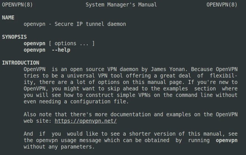 The man page for openvpn explains that it contains a lot of options because the tool is so flexible.