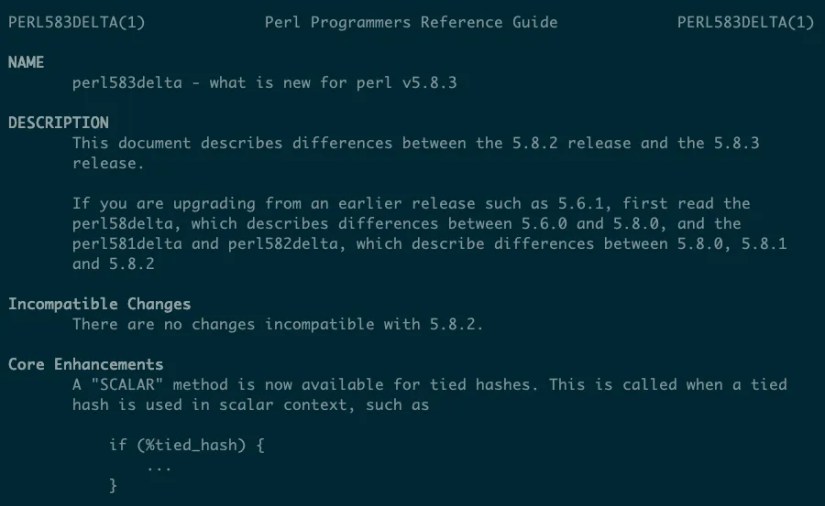 The man page for perl583delta shows sections with titles like Incompatible Changes and Core Enhancements.