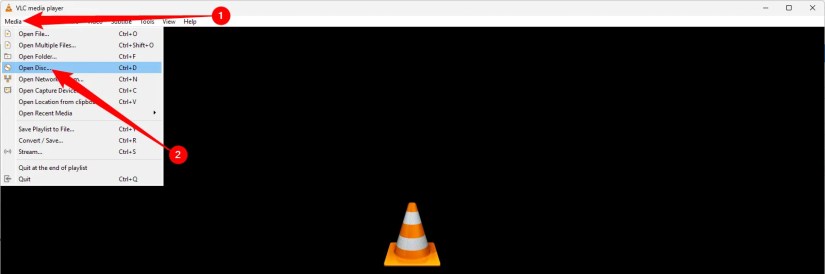 Click &ldquo;Media,&rdquo; then select &ldquo;Open Disk.&quot;