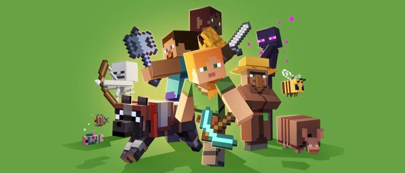 Minecraft characters on a green background.