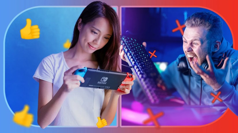 On the left, a woman playing on her Nintendo Switch; on the right, an angry man holding a pc keyboard.