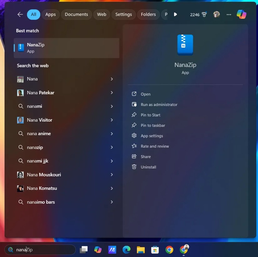 Opening Nanazip from the Windows searchbar.