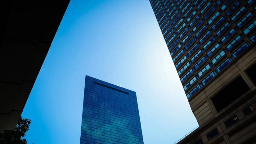 Photo of skyscrapers taken to create abstract shapes.
