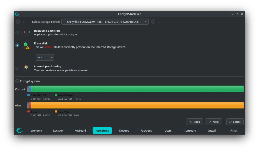 Screenshot of CachyOS installer partitioning the disk.