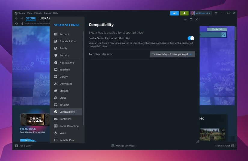 Screenshot showing custom Proton in CachyOS.