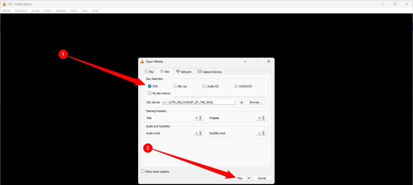 Select &ldquo;DVD&rdquo; at the top, then click &ldquo;Play.&quot;