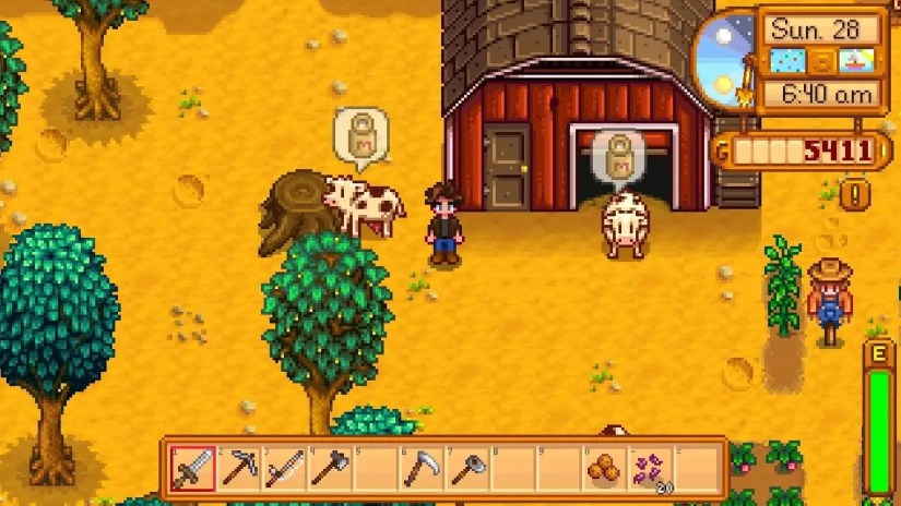 Cows on a Stardew Valley farm with indicators over their heads showing that they need attention or are ready to be milked.