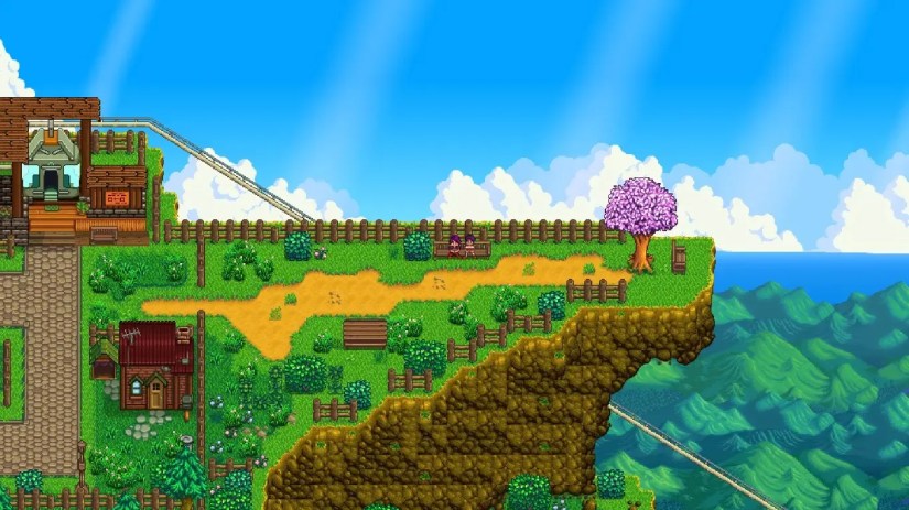 Two characters sit atop a mountaintop plaza accessible by a gondola lift.