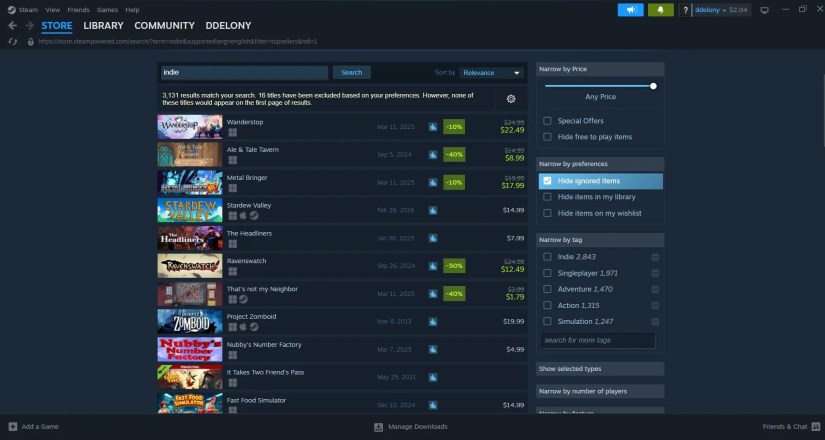 Searching for indie games on Steam.