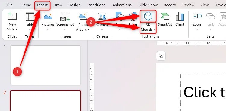 The 3D Models icon in the Insert tab of Microsoft PowerPoint&rsquo;s ribbon.