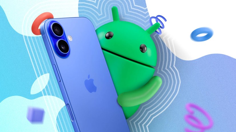 The Android mascot holding an iPhone 16.