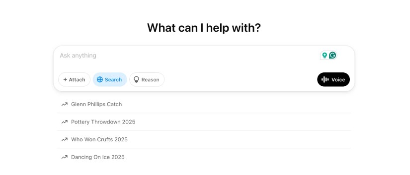 The ChatGPT interface on the ChatGPT website with Search selected.