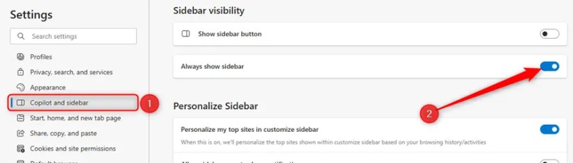 The Copilot And Sidebar settings tab in Microsoft Edge is opened, and the Always Show Sidebar toggle button is turned on.