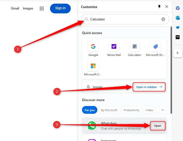 The different ways to customize the Microsoft Edge sidebar are highlighted.