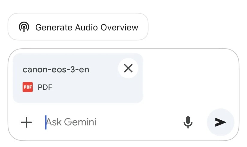 The Generate Audio Overview option above an uploaded document in the Gemini app