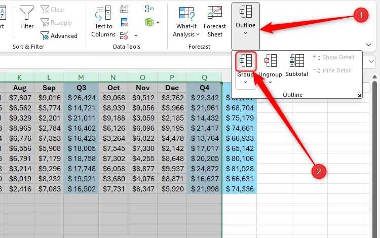 The Group button in the Outline drop-down menu of the Data tab on Excel&rsquo;s ribbon.