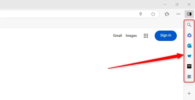 The Microsoft Edge sidebar is highlighted, including several apps and websites that occupy it.