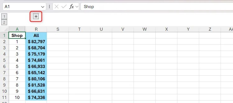 The plus sign in Excel, indicating that grouped columns are hidden.