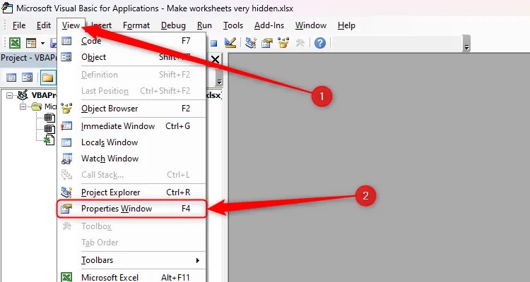The Properties Window option in the View tab of Excel&rsquo;s VBA ribbon.-1