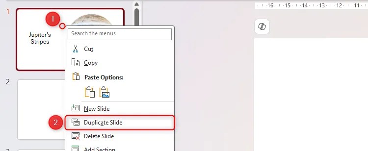 The right-click menu on a slide in PowerPoint&rsquo;s thumbnail pane is expanded, and Duplicate Slide is selected.