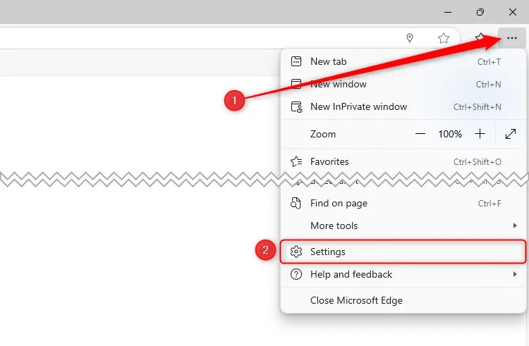 The three-dot menu in Microsoft Edge is expanded, and Settings is selected.