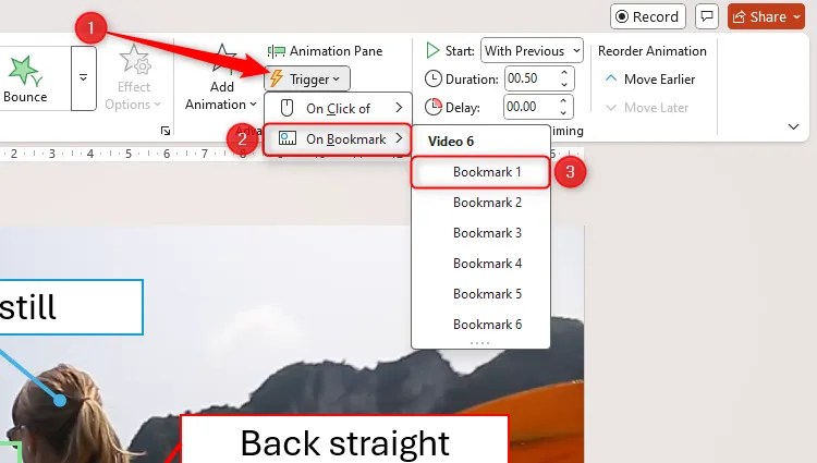 The Trigger drop-down menu in PowerPoint, with the On Bookmark option expanded, and Bookmark 1 selected.