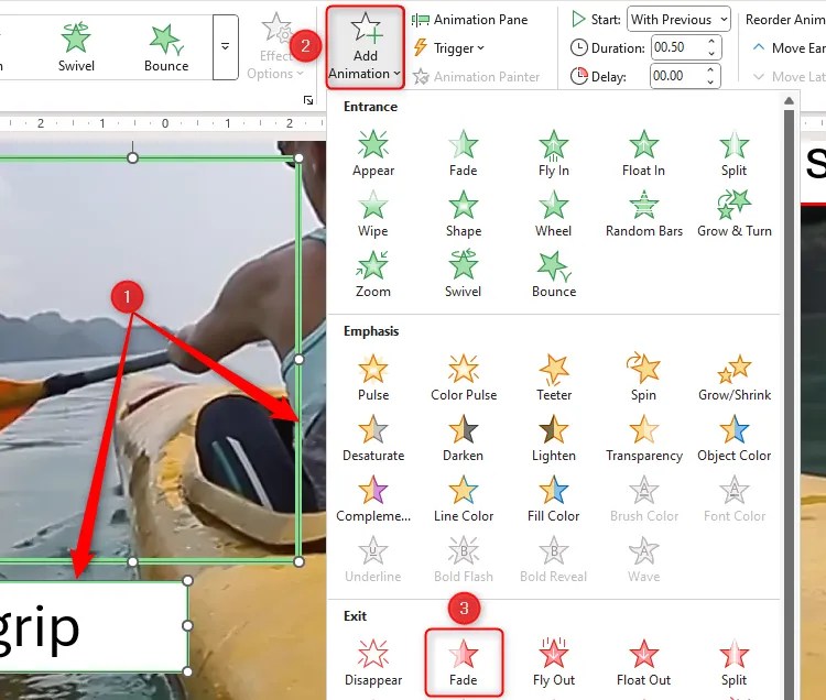 Two objects are selected on a PowerPoint slide, and the Fade exit animation in the Add Animation drop-down is highlighted.