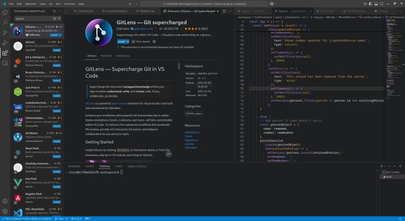 VS Code extension menu showing a description of the GitLens extension