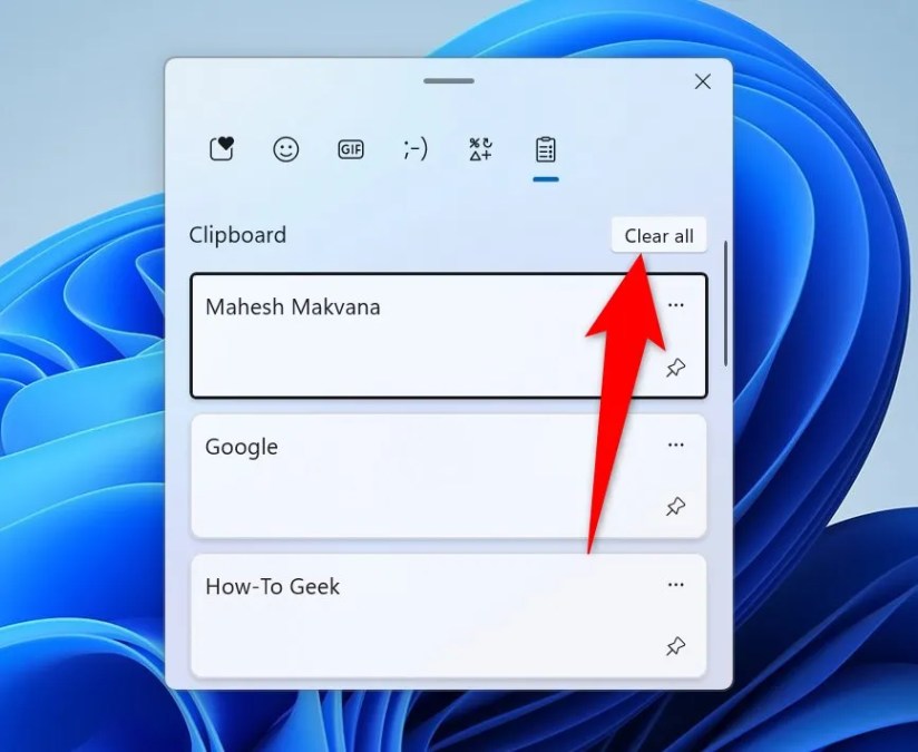 &ldquo;Clear All&rdquo; highlighted on the Clipboard History panel.