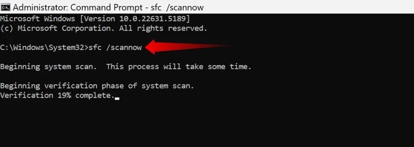 Running the SFC scan in Command Prompt.