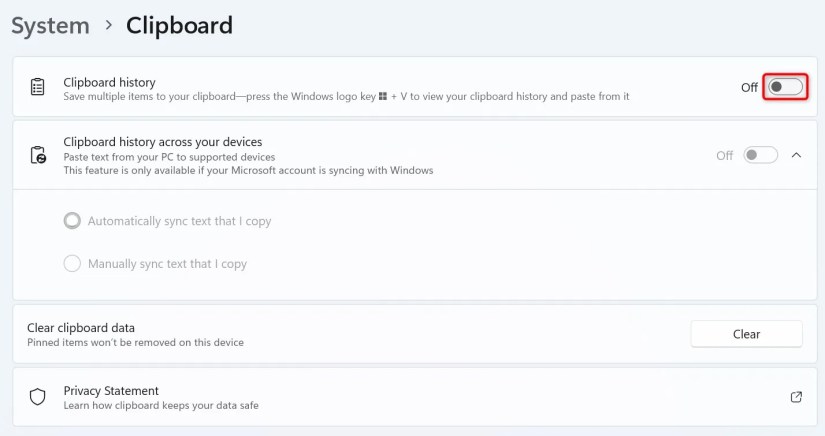 &ldquo;Clipboard History&rdquo; highlighted on the &ldquo;Clipboard&rdquo; screen.